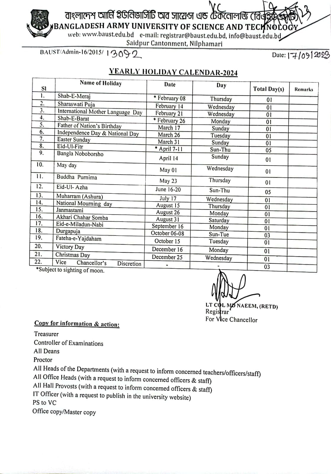 Yearly Holiday Calendar2024 Bangladesh Army University of Science